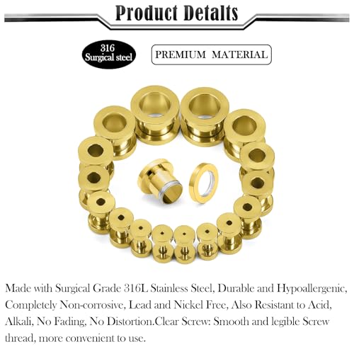 14G-00G Double Flare Screw On Gauges Tunnels Plugs Stretching Set Kit 316L Surgical Steel Gauges Tunnel Plug for Ears Size 16G 12G 10G 8G 6G 4G 2G 0G 00G Women Men - color: Gold Tone-14G-00G