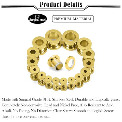 14G-00G Double Flare Screw On Gauges Tunnels Plugs Stretching Set Kit 316L Surgical Steel Gauges Tunnel Plug for Ears Size 16G 12G 10G 8G 6G 4G 2G 0G 00G Women Men - color: Gold Tone-14G-00G