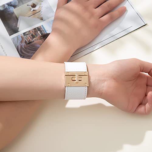 Rantanto Leather Wrap Bracelets For Women Gold Twist Lock Buckle Wrist Cuff | PU leather,Skin-friendly,Boho Stackable Wristband,Fashion Daily Jewelry,Trend Casual Party Bangle,Fit For Birthday, Holiday - color: Wide White