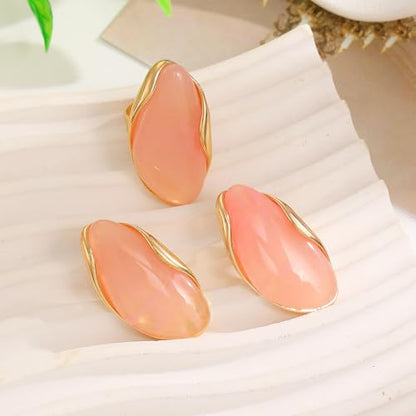 Colorful Chunky Earrings Ring for Women, Resin Boho Large Oval Acrylic Finger Ring Statement Stainless Steel Adjustable Rings Beach Summer Jewelry Gift - color: Pink Set