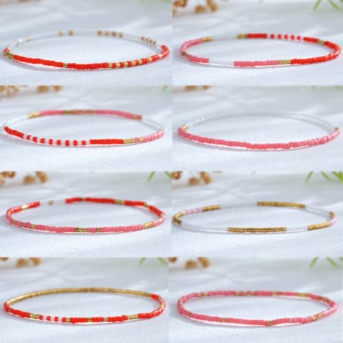 Gold Seed Beaded Stack Bracelets for Women,Handmade Stackable Stretch Colorful Ball Fall Jewelry Friendship Accessories Gift - color: pink