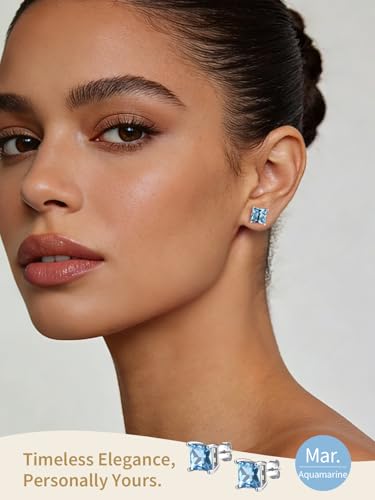FindChic 2 Carat Birthstone Stud Earrings for Women, Round/Heart/Princess Cut Stud Earrings, Hypoallergenic Studs with 925 Sterling Silver Posts, 12 Months Birthday Jewelry Gift - color: 03. March-Aquamarine(Princess Cut)