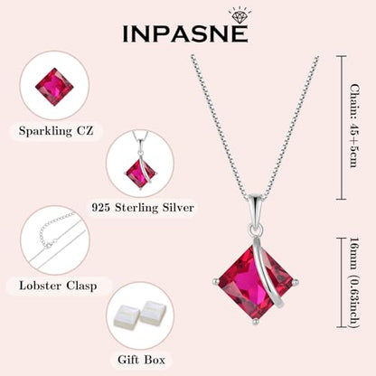 Square Princess Cut Necklace 925 Sterling Silver Solitaire Pendant Necklace Birthstone Jewelry Gifts for Women - color: 07 July - Ruby