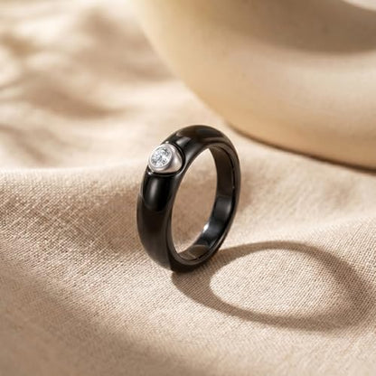 Women's Ceramic Wedding Band & Engagement Ring, Black/White - color: Black&Silver