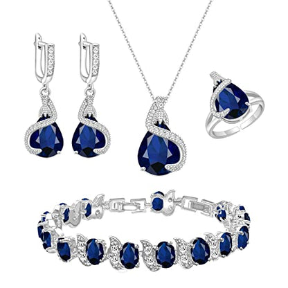 GZWHD Jewelry Set for Women Water Drop Cubic Zirconia Artificial Crystal Earrings Pendant Necklace Open Ring Tennis Bracelet Wedding Anniversary Birthday Engagement Gift for Bridesmaid Wife Girlfriend Friend - color: Blue