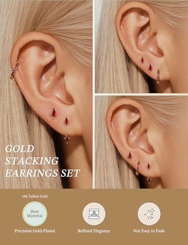3 Pairs Stackable Kite Stud Earrings Set for Women Trendy | Dainty Birthstone Stud Gold & 925 Sterling Silver Huggie Hoop Jacket Stack Earrings for Women 2026 - color: Gold-Red Ruby