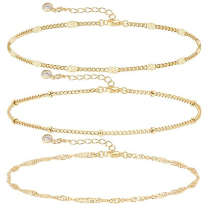 Dainty Bracelet for Women 14K Gold Plated Cross Pearl CZ Leaf Bracelets Set Gold Layering Bracelets Everyday Jewelry - color: Twisted+Beaded+Bar-Gold