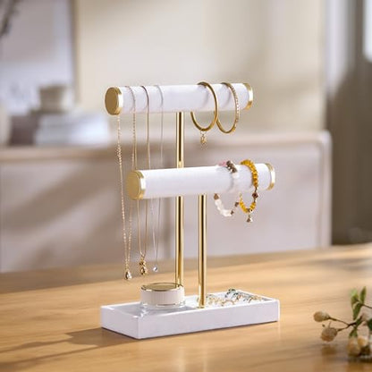 bussdis 2 Tier Bracelet Holder Display, Necklace Holder Organizer, White | Velvet Necklace Holder | Jewelry Tree | Jewelry Towers | Jewelry Stand Organizer for Necklaces, Bracelets, Earrings, Rings - color: White