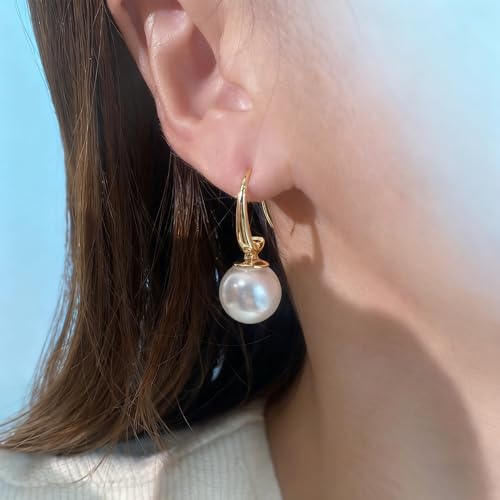 Unique Cream White Pearl Teardrop Drop Dangle Earrings for Women,Trendy Geometric Dangle Formal Hook Earrings for Wedding Prom - color: Gold