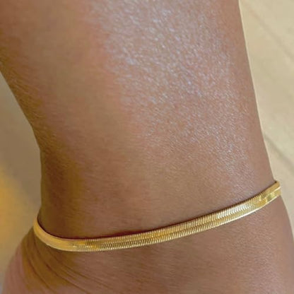 Gold Stainless Steel Anklet Chain for Women Adjustable Ankle Bracelet Fashionable Simple Design, Round mold chain - color: Gold+ Blade Chain, size: 22+3cm