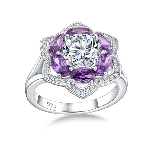 Flower Cocktail Ring for Women Stone Engagement Anniversary Rings | Sterling Silve|Hypoallergenic|Ruby|Sapphire|Emerald|Wedding and Birthday Party Women Statement Ring|Mother and Grandma Gift - color: Amethyst (Feb.)