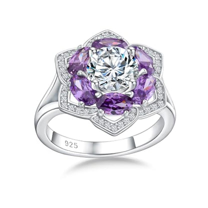 Flower Cocktail Ring for Women Stone Engagement Anniversary Rings | Sterling Silve|Hypoallergenic|Ruby|Sapphire|Emerald|Wedding and Birthday Party Women Statement Ring|Mother and Grandma Gift - color: Amethyst (Feb.)