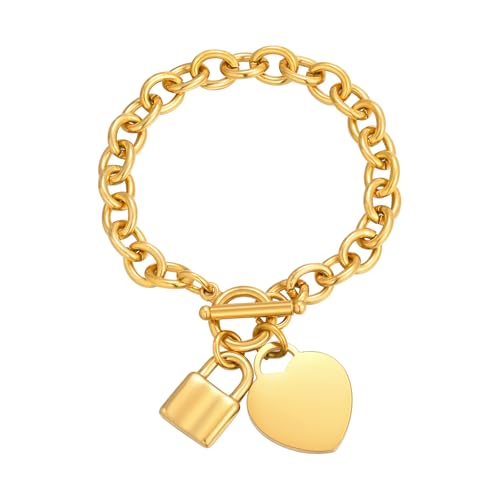 VNOX Personalized Initial Name Stainless Steel Trendy Cable Chain Bracelet Neckalce Set with Padlock Heart Charm and Toggle Clasp Closure - color: Gold Bracelet