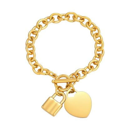 VNOX Personalized Initial Name Stainless Steel Trendy Cable Chain Bracelet Neckalce Set with Padlock Heart Charm and Toggle Clasp Closure - color: Gold Bracelet