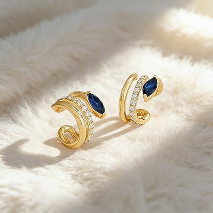 Bemoly Ear Cuff Earrings for Women 14K Gold Plated Cubic Zirconia Dangle Huggie Ear Cuffs Non Piercing | Clip On Cartilage - style: Blue Split Trio