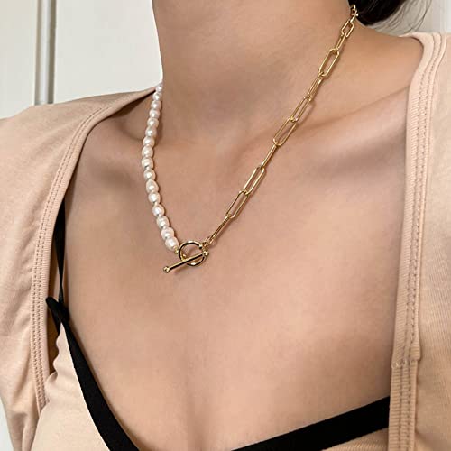 Pearl Necklace for Women Paperclip Chain Chunky Gold Necklace, Freshwater Cultured Pearls Trendy Link Chain 18K Gold Plated Dainty Pearl Choker - color: Gold Paper Clip Pearl Necklace