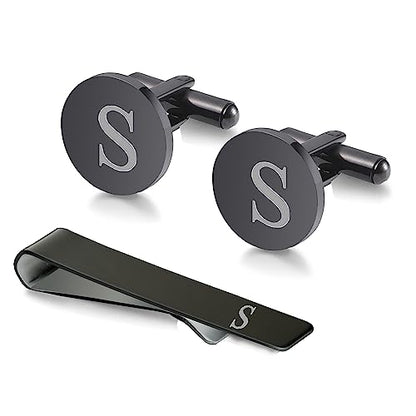 WIGERLON Initial Cufflinks and Tie Clip Set for Men,Stainless steel Letter Cuff Links and Tie Bar Set gift for Father Husband Son Boyfriend - style: S-Black