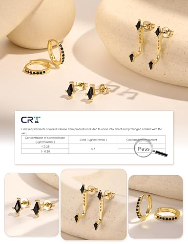 3 Pairs Stackable Kite Stud Earrings Set for Women Trendy | Dainty Birthstone Stud Gold & 925 Sterling Silver Huggie Hoop Jacket Stack Earrings for Women 2026 - color: Gold-Black Diamond