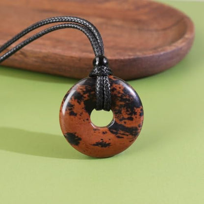 FANASY Natural Gemstone Pendant Necklce Lucky Coin Crystal Necklace Protection Donut Pendnat with Adjustable Rope for Men Women - color: Golden Swan Stone