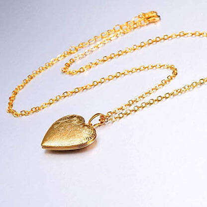 U7 Custom Photo Locket Necklace - Oval & Heart Shaped Locket - Gold/Silver/Rose Gold Personalized Image Necklaces for Women - color: 02-Gold Flower Heart, style: a. locket only