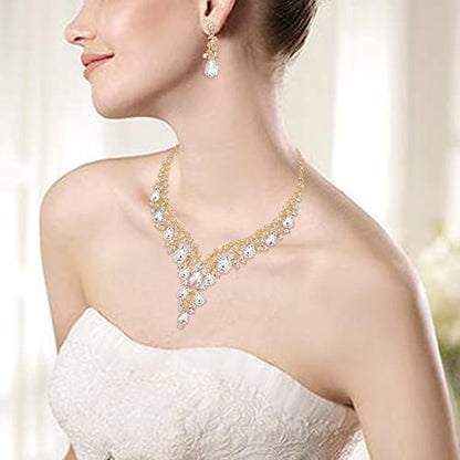 BriLove Women's Wedding Bridal Austrian Crystal Teardrop Flower Cluster Statement Necklace Dangle Earrings Jewelry Set for Party Prom - color: 2Pcs-Clear Gold-Tone