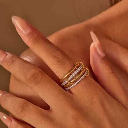14K Gold Plated Interlocked Stackable Rings for Women Non Tarnish,Gold and Silver Cubic Zirconia Statement Rings Set,Mixed Metals Ring Two-Toned Connected Bands Stacking Jewelry - color: 2*silver rings & 2*gold rings