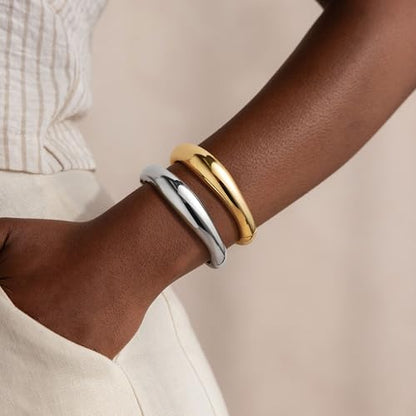 M MOOHAM Chunky Gold Bangle Bracelets for Women, Dainty 14k Gold-Plated Thicker Statement Bangles Twist Cuff Bracelet Set Stack for Women Non Tarnish Trendy Jewelry Gifts - color: 07. Round Bangles-2PCS