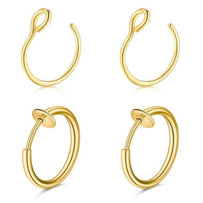 QWALIT Fake Nose Ring Fake Lip Piercing Fake Lip Ring Fake Nose Ring Hoop Fake Snake Bites Fake Lip Piercings Faux Lip Rings Fake Nose Piercing Clip on Nose Ring Spring - color: A4-spring + basic- gold