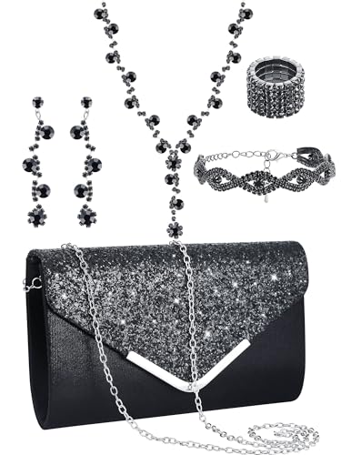 Henoyso 5 Pcs Purse Rhinestone Jewelry Set Prom Jewelry Rhinestone Clutch Purse Necklace Earrings Bracelets for Women Bride - color: Black