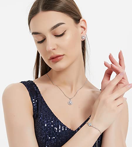Bridesmaid Bride Wedding Jewelry Set - Round Cubic Zirconia | Earrings Necklace Bracelet Set, Hypoallergenic Prom Party Jewelry Gift for Her - color: Silver