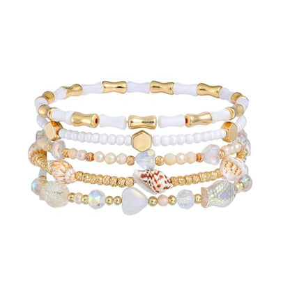 Dainty Gold Plated Pearl Crystal Beaded Bracelets Set for Women 14K Gold Plated Bead Pearl Beads Bracelet Stackable Paperclip Link Chain Bracelets Gold Plated Bracelets for Women Trendy Jewelry - color: Style6 White