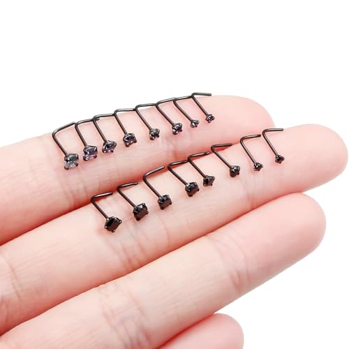 Black Nose Ring Surgical Steel Nose Rings Studs 22G 20G 18G L Shaped Nostril Piercings Cubic Zirconia Nostril Piercing Jewelry for Women Men 16Pcs 1.5mm 2mm 2.5mm 3mm Top - color: 22g,16pcs,L shaped nose studs