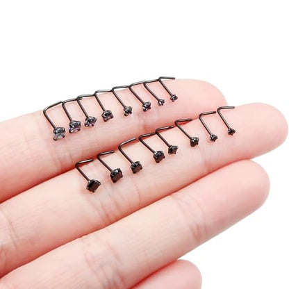 Black Nose Ring Surgical Steel Nose Rings Studs 22G 20G 18G L Shaped Nostril Piercings Cubic Zirconia Nostril Piercing Jewelry for Women Men 16Pcs 1.5mm 2mm 2.5mm 3mm Top - color: 22g,16pcs,L shaped nose studs