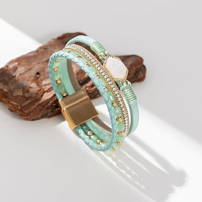 FANCY SHINY Crystal Beaded Leather Wrap Bracelet Stackable Boho Jewelry for Women Resin Stone Bangle Cuff with Magnetic Clasp - color: Green