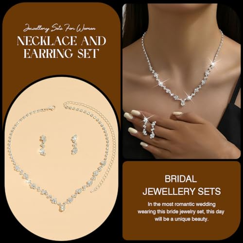Unicra Bride Crystal Necklace Earrings Set Bridal Wedding Jewelry Sets Rhinestone Choker Necklace Costume Jewelry Set for Women and Brides - color: Silver Necklace Earrings