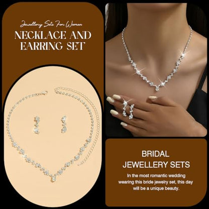 Unicra Bride Crystal Necklace Earrings Set Bridal Wedding Jewelry Sets Rhinestone Choker Necklace Costume Jewelry Set for Women and Brides - color: Silver Necklace Earrings