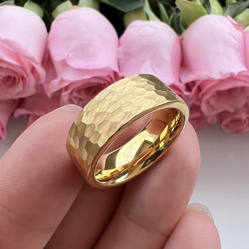 TUTISS 6mm 8mm Silver/Black/Gunmetal/Gold/Rose Gold Hammered Tungsten Rings for Men Women Couple Fashion Jewelry Engagement Wedding Bands Matte Finish Comfort Fit - color: 8mm Gold I Love You Engraved