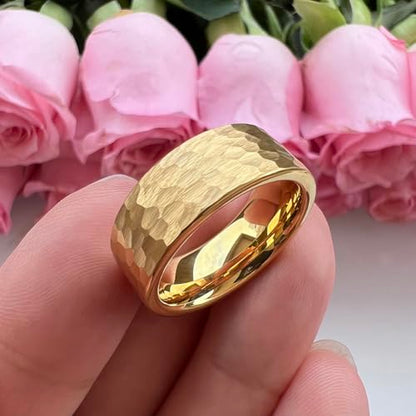 TUTISS 6mm 8mm Silver/Black/Gunmetal/Gold/Rose Gold Hammered Tungsten Rings for Men Women Couple Fashion Jewelry Engagement Wedding Bands Matte Finish Comfort Fit - color: 8mm Gold I Love You Engraved
