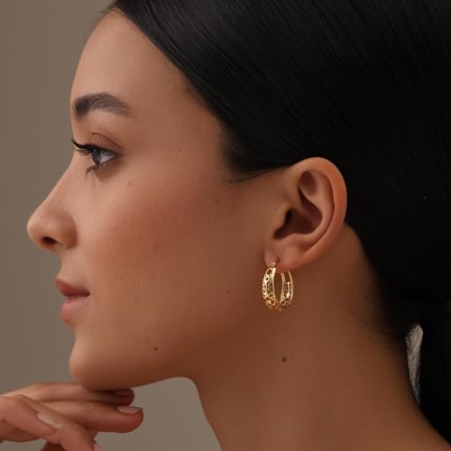 LeCalla 925 Sterling Silver Chunky Hoop Earrings | Filigree Heart Hoop Earrings for Women | Oval & Round Mesh Filigree Click-Top Hoops Earring | Hypoallergenic Earrings for Women - color: Yellow Gold Oval Filigree 24MM