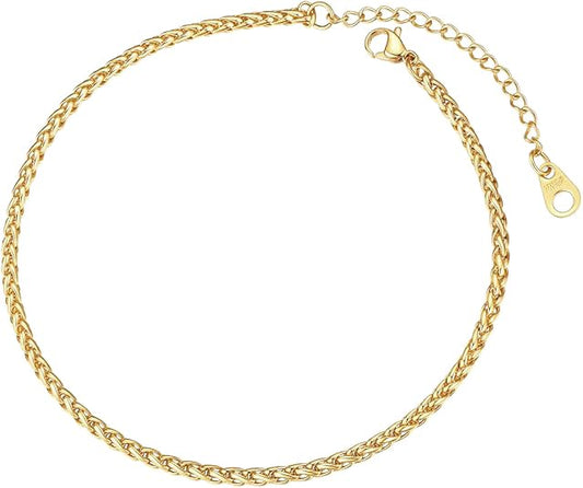 FOCALOOK 14K Gold Plated Anklets for Women Waterproof Plus Size Ankle Bracelet 8.5-10.5 Inch Adjustable Mariner/Figaro/Flat Snake/Cuban Link Chain Anklet Jewelry for Summer Beach Holiday - color: F:3mm Wheat-Gold