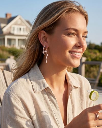 Gold Earrings for Women Trendy 14K Gold Plated Dangle Earrings Small Hoop Huggie Drop Stud Earrings Cubic Zirconia Simple Minimalist Dainty Chain Tassel Hypoallergenic Earrings - color: Celestial & Rose Gold