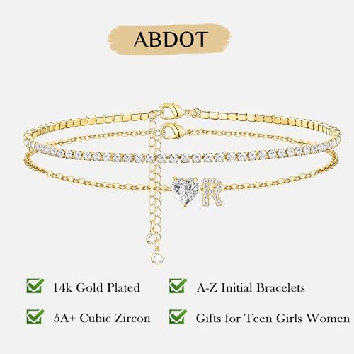 Gold Bracelets for Women Trendy Dainty 14K Gold Plated Layered Initial Tennis Bracelets for Women Non Tarnish A-Z Heart Letter Charm Gifts for Mom Best Friend - style: Gold-R
