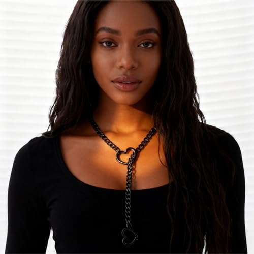 Slip Chain Choker for Women Handmade Black Stainless Steel Cuban Chain Chunky Moon Bat Raven Skull Pendant Gothic Punk Rock Collar Adjustable Lariat Y Necklace for Men - style: Black heart