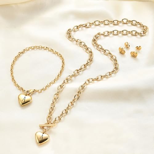 Women's 3 Pieces Heart Name Initial Necklace, Bracelet, Earrings, Jewelry Set Stainless Steel A-Z letters Jewelry Suits - color: Gold, size: A