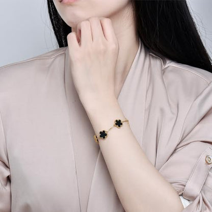 FLY FEI 18K Gold-Plated Four Leaf Clover Bracelet for Women,Adjustable lucky Bracelet Set Jewelry Gift-Hypoallergenic Charm for Birthdays, Wellness & Daily Wear - color: style01-Black