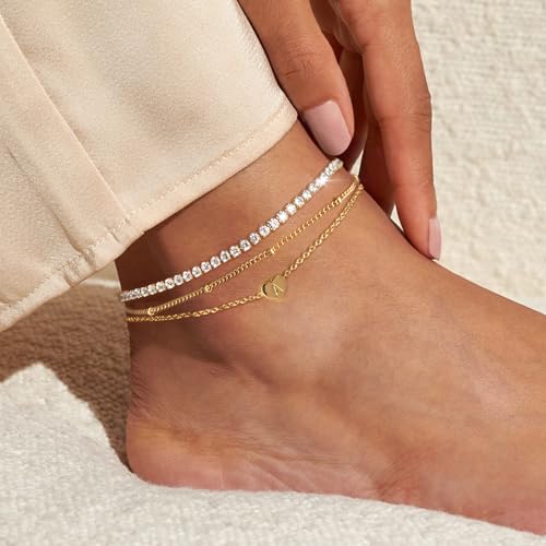 Yanoda Initial Ankle Bracelets for Women, 14K Gold Plated Waterproof Dainty Layered Heart Letter Initial Anklets Personalized Gifts - color: A