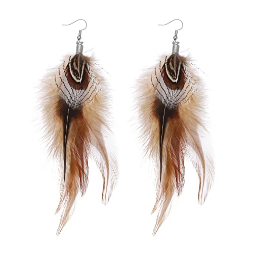 Bohemian Pheasant Peacock Long Feathers Statement Earrings Handmade Natural Lightweight Feather Dangle Earrings for Women (ea000071) - color: Silver Pheasant Brown