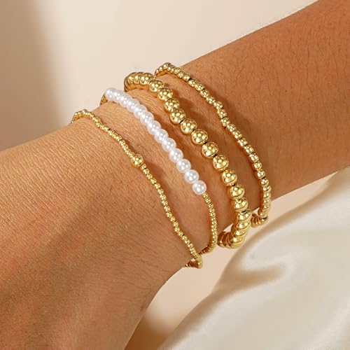 14K Gold Plated Beaded Bracelets Stack Set for Women,Stretch Boho Ball Jewelry Friendship Trendy - color: Pearl