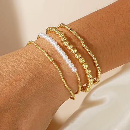 14K Gold Plated Beaded Bracelets Stack Set for Women,Stretch Boho Ball Jewelry Friendship Trendy - color: Pearl