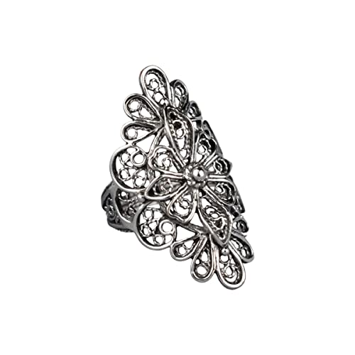 Filigranist 925 Sterling Silver Artisan Made Handcrafted Lace Embroidery Filigree Art Women Cocktail Statement Ring - style: Long